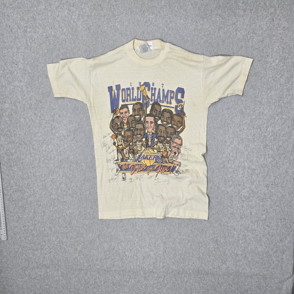 VINTAGE Los Angeles Lakers Men Shirt S Cream Signal Single Stitch 80s USA READ